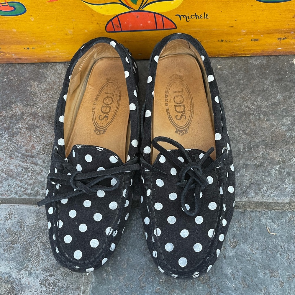 Tod’s Black & White Polka Dot Driving Loafers 34.5 - Picture 2 of 7